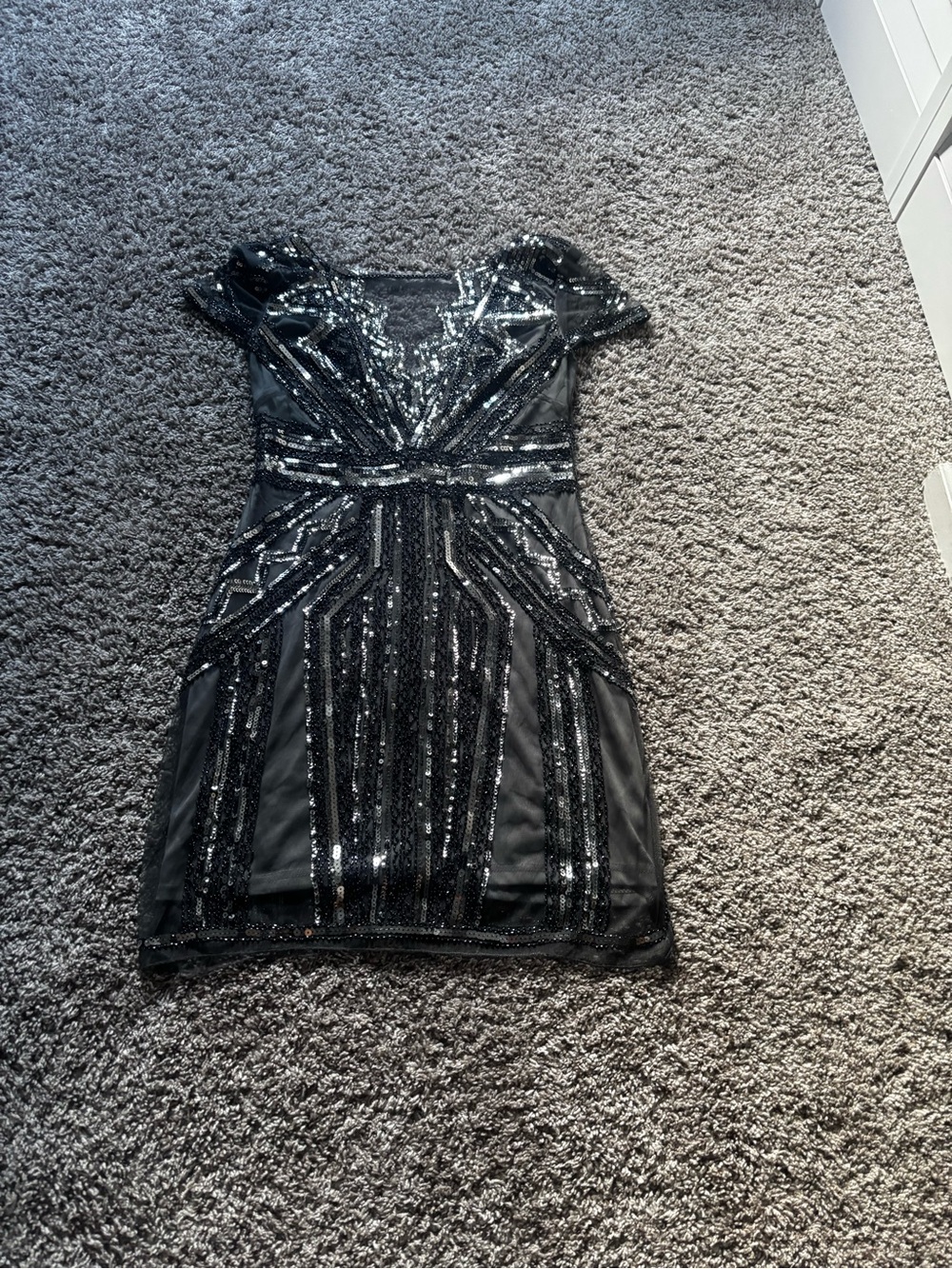 Black Sequin V-Neck Evening Dress